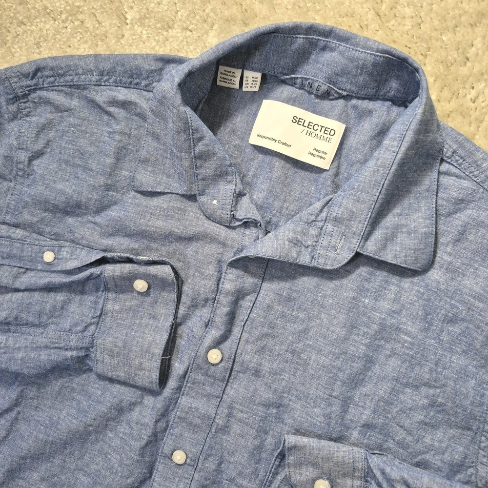 Selected Homme Button Up Shirt Mens 40 Medium Blue Linen Blend Coastal Beach